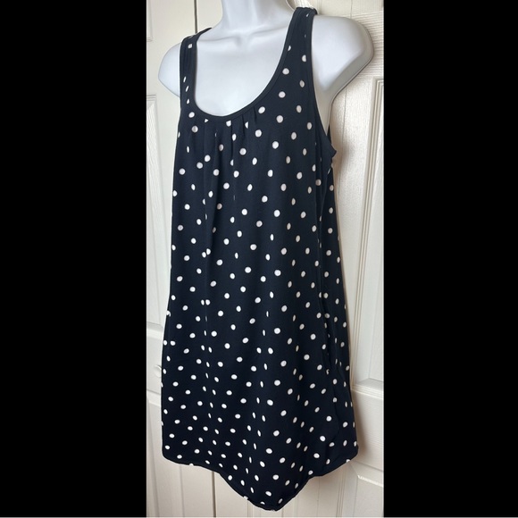 New LANDS END Tank Dress Black Gray White Polka Dot Pleated Pockets Swim Coverup - Picture 2 of 8
